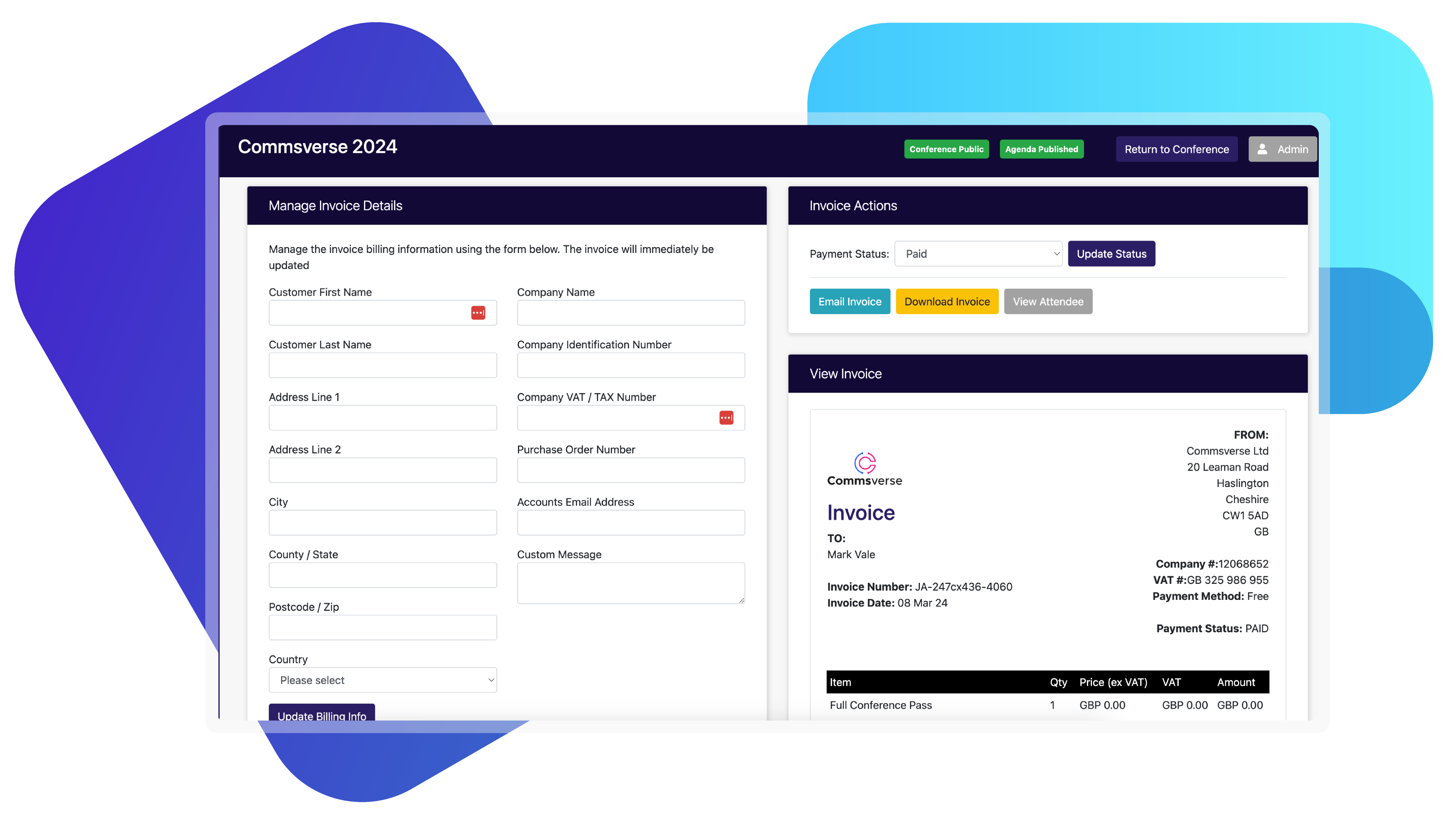 Admin portal displaying attendee transaction history and ticket management tools.