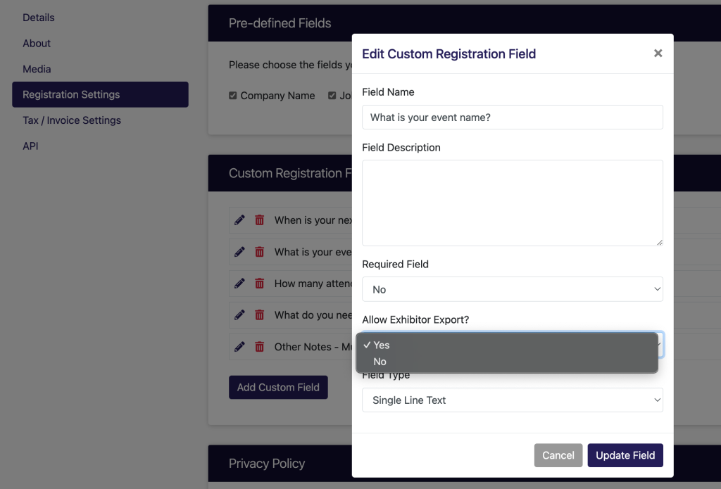 Allow exhibitors to export specific data from your registration fields when they scan a lead.