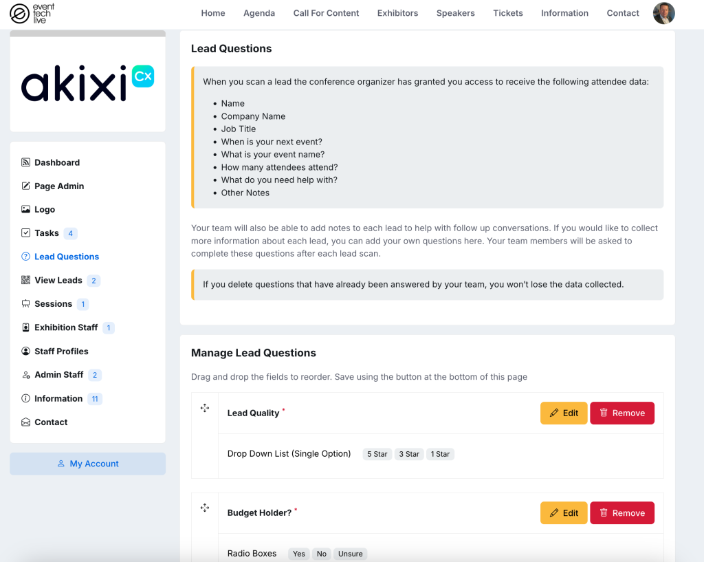 Create your own lead questions for staff to complete after they've scanned a lead.