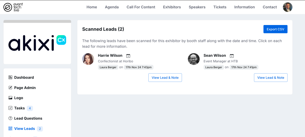 Exhibitors can view their scanned leads via the event portal whenever they need.