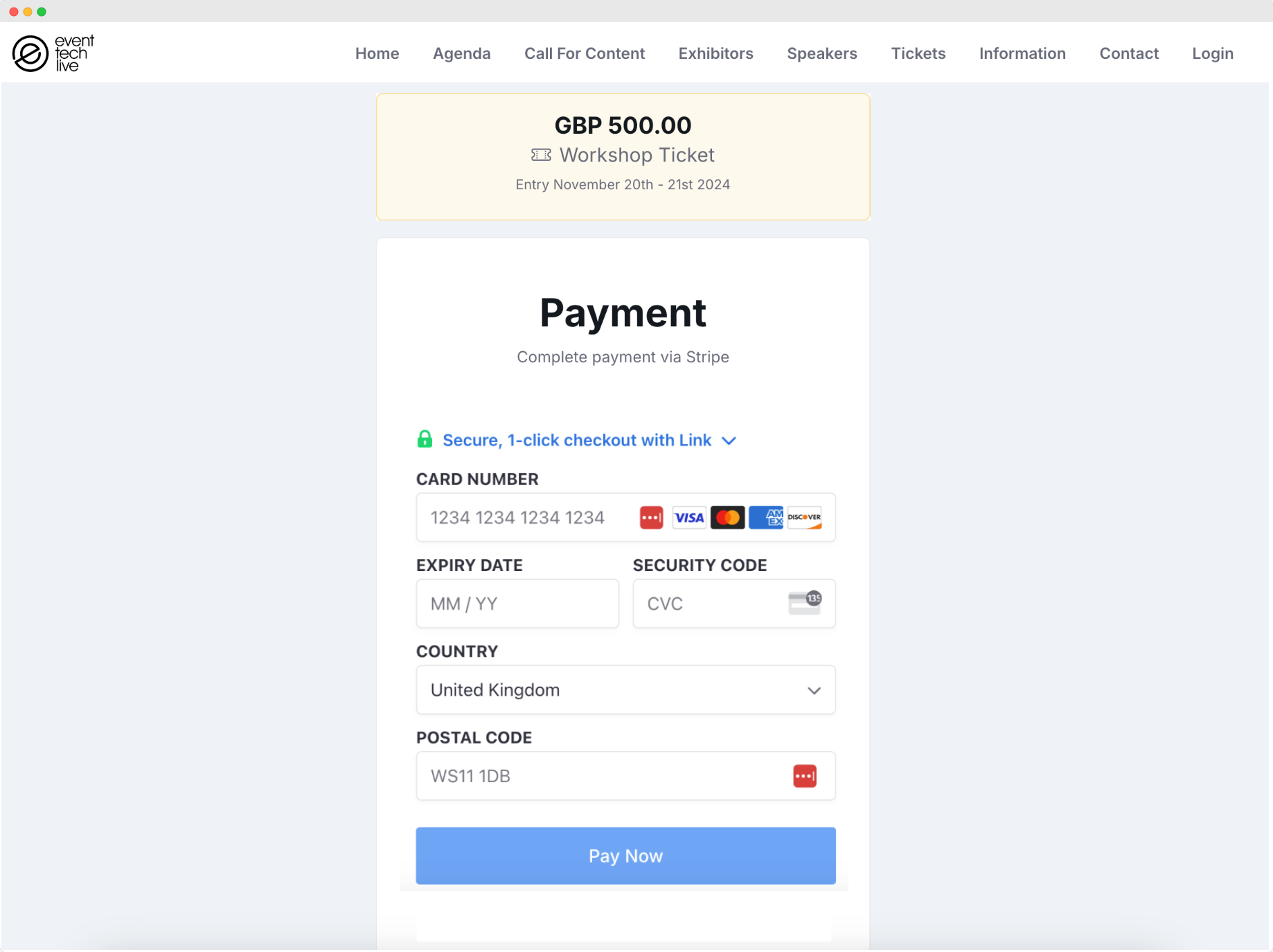 Event ticket sale payment page requesting attendee to enter their payment information to register for the event.