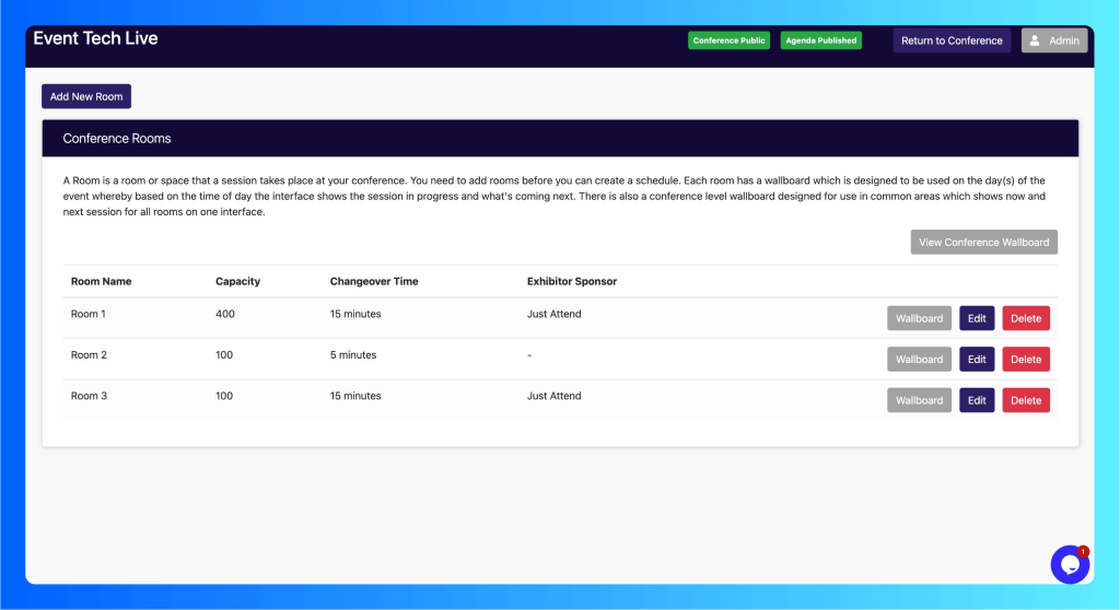 Name each session room and personalize wallboard content