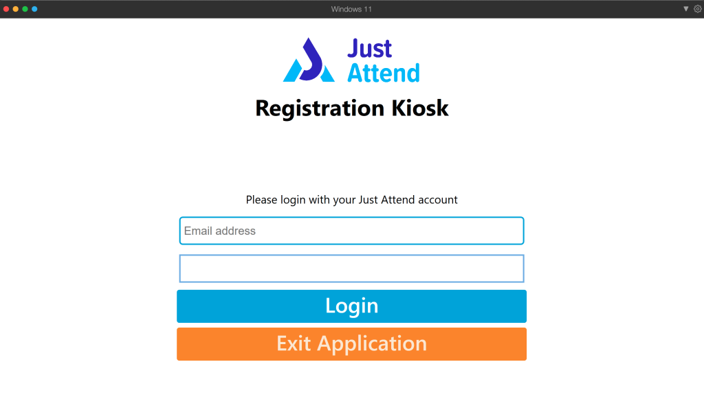 Login to Just Attend's badge printing kiosk software