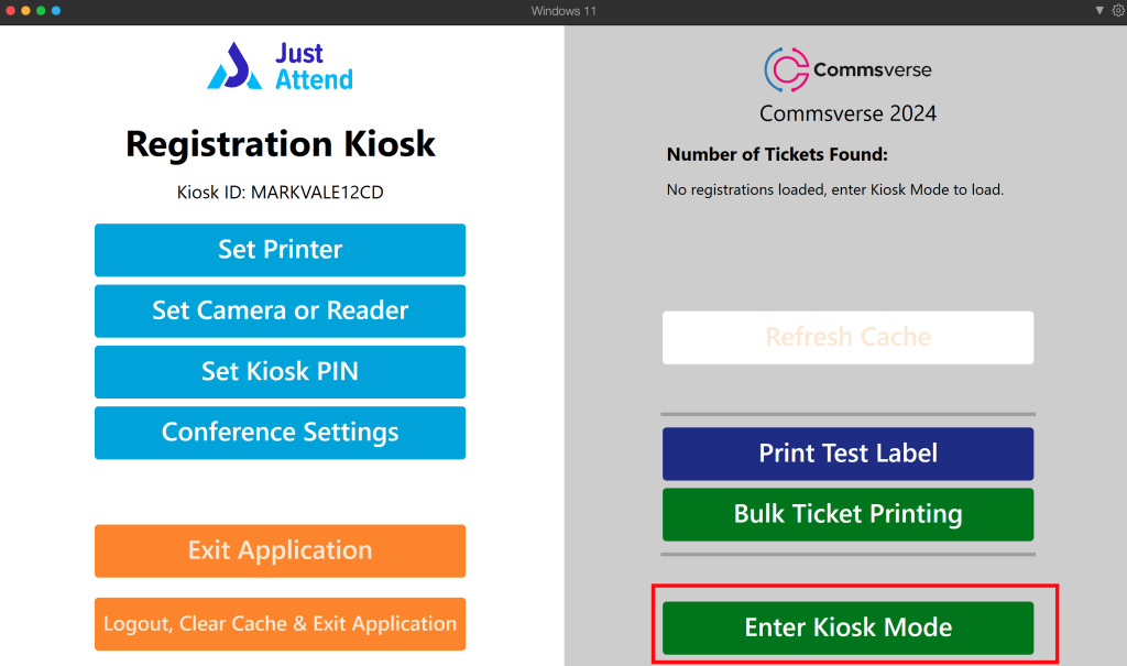 Enter the event badge printer kiosk mode