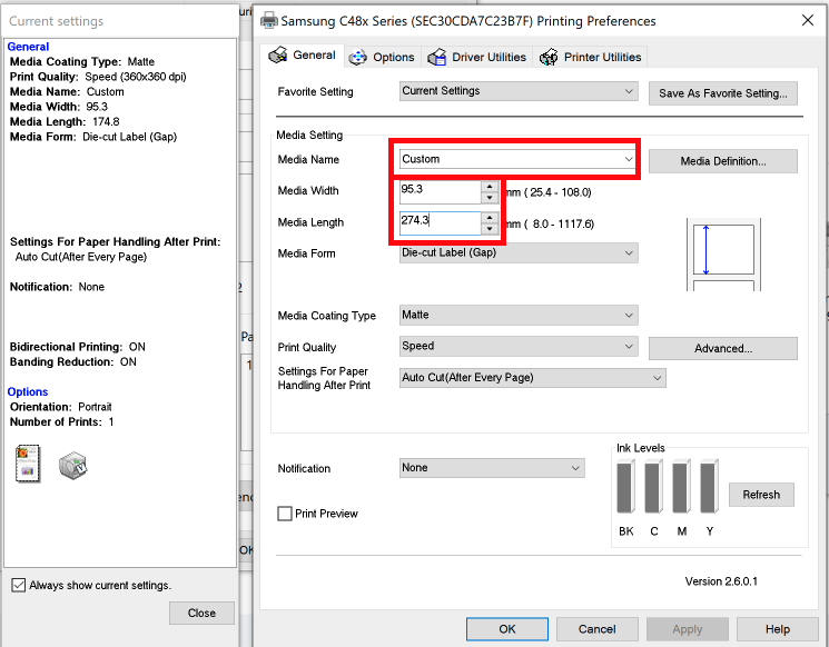 Print settings for event badge labels.