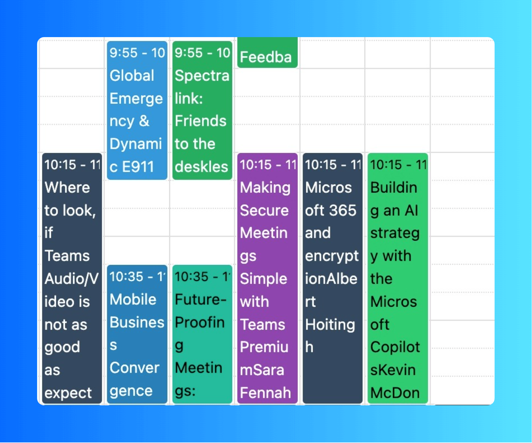 Color-Coded Session Categories: Visual categorization of sessions using distinct colors for easy identification and organization.