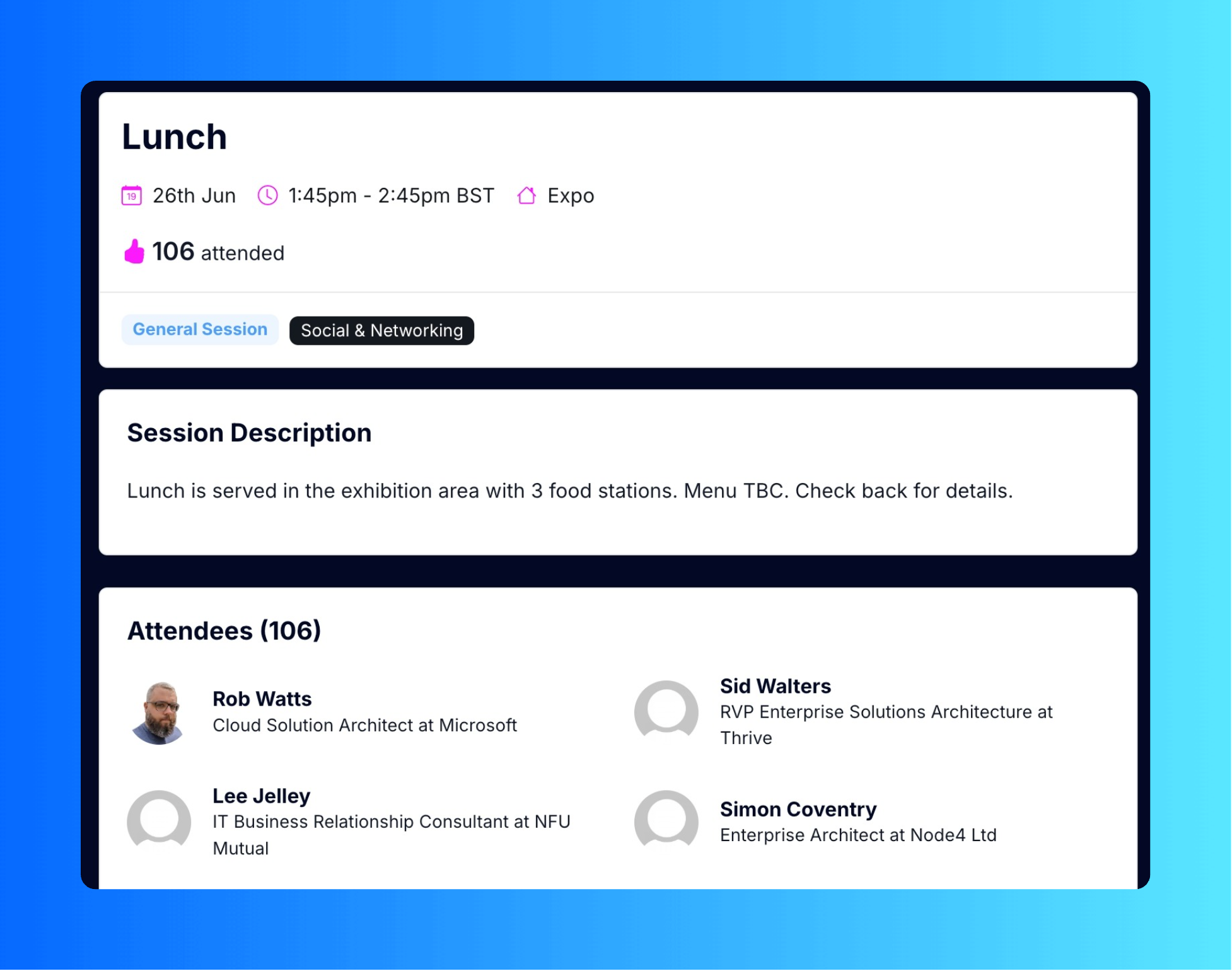 Attendees can browse the schedule on the event platform frontend and choose which sessions they want to attend.