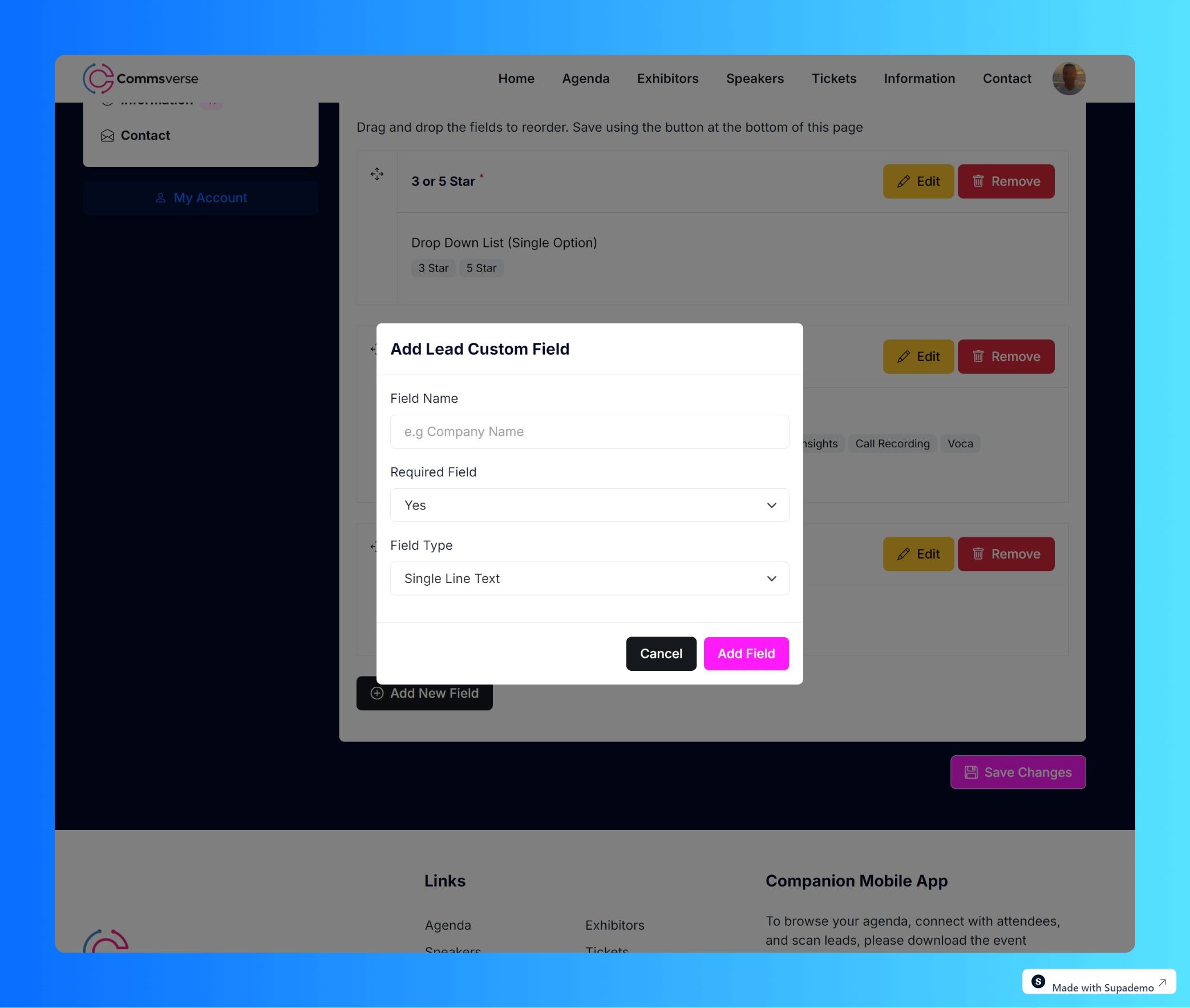 Lead scanning tool with badge scanning, custom questions and data export features