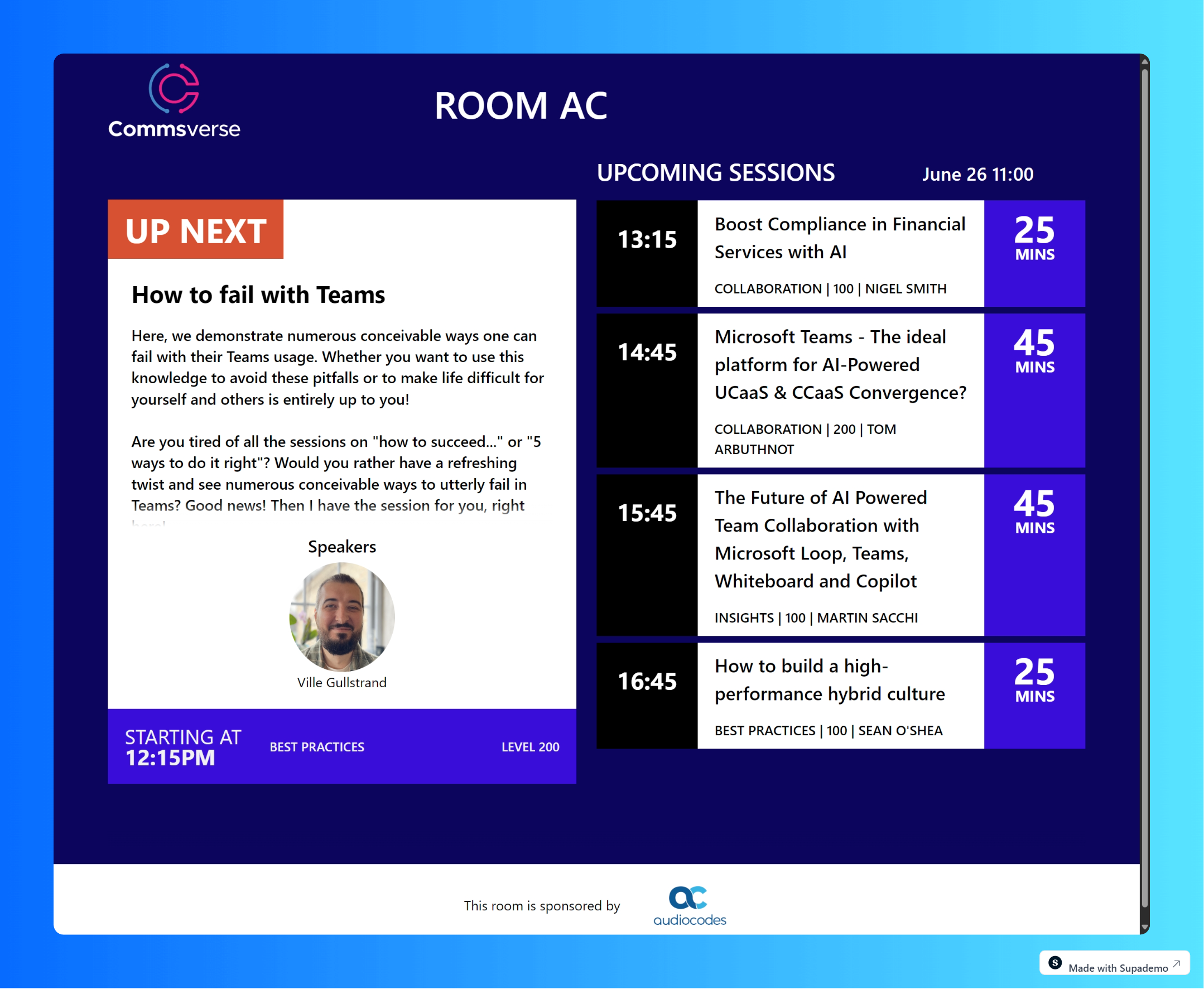 Room agenda displays run in real-time driven directly from the event management platform.