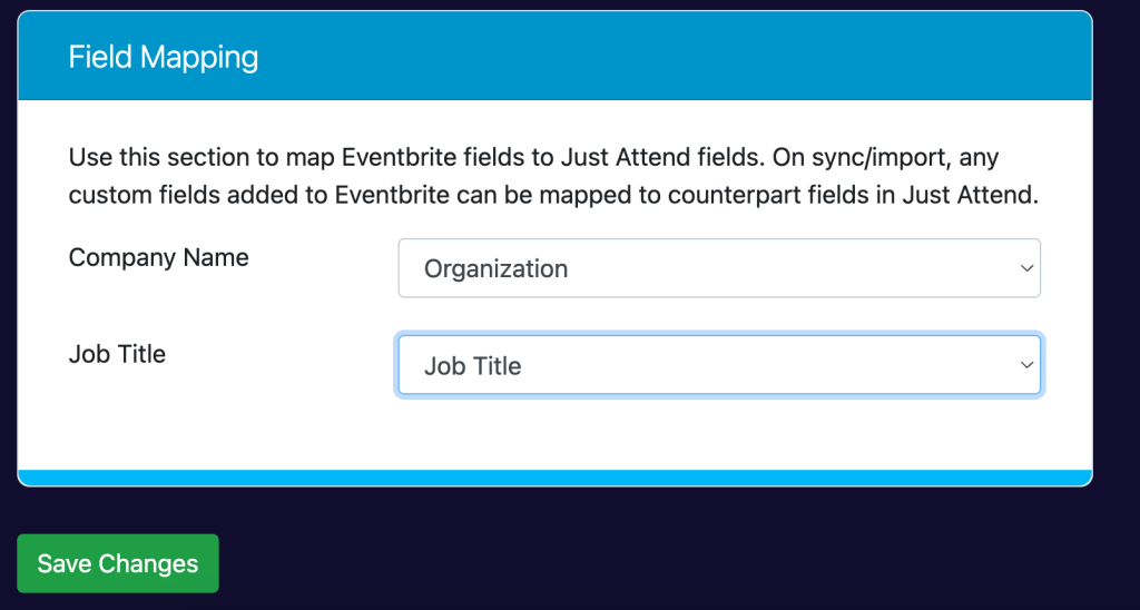 Setting up field mapping between Eventbrite and Just Attend